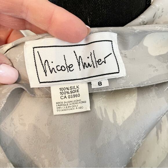 Vintage 80s Dress 100% Silk Drop Waist Sailor Collar Puff Sleeve Gray Cream 8 - Picture 10 of 10